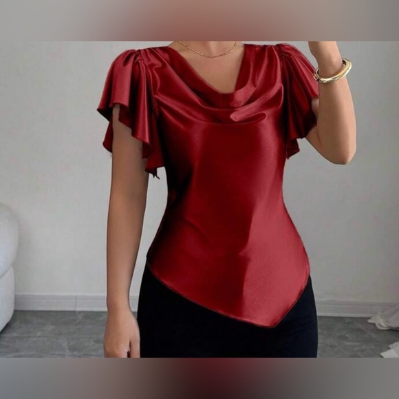 SHEIN Tops - SHEIN Satin Cowl Neck Flutter Sleeve Top - Wine Red NWOT
